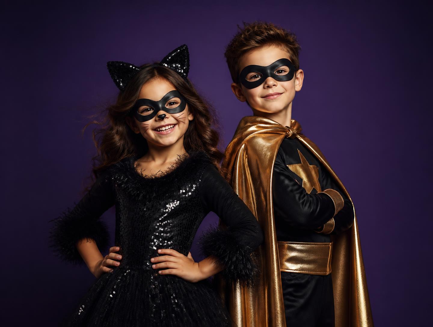 Two kids in stylish, friendly Halloween costumes