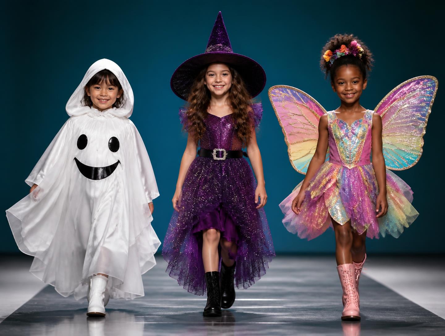 Three kids in stylish Halloween runway looks