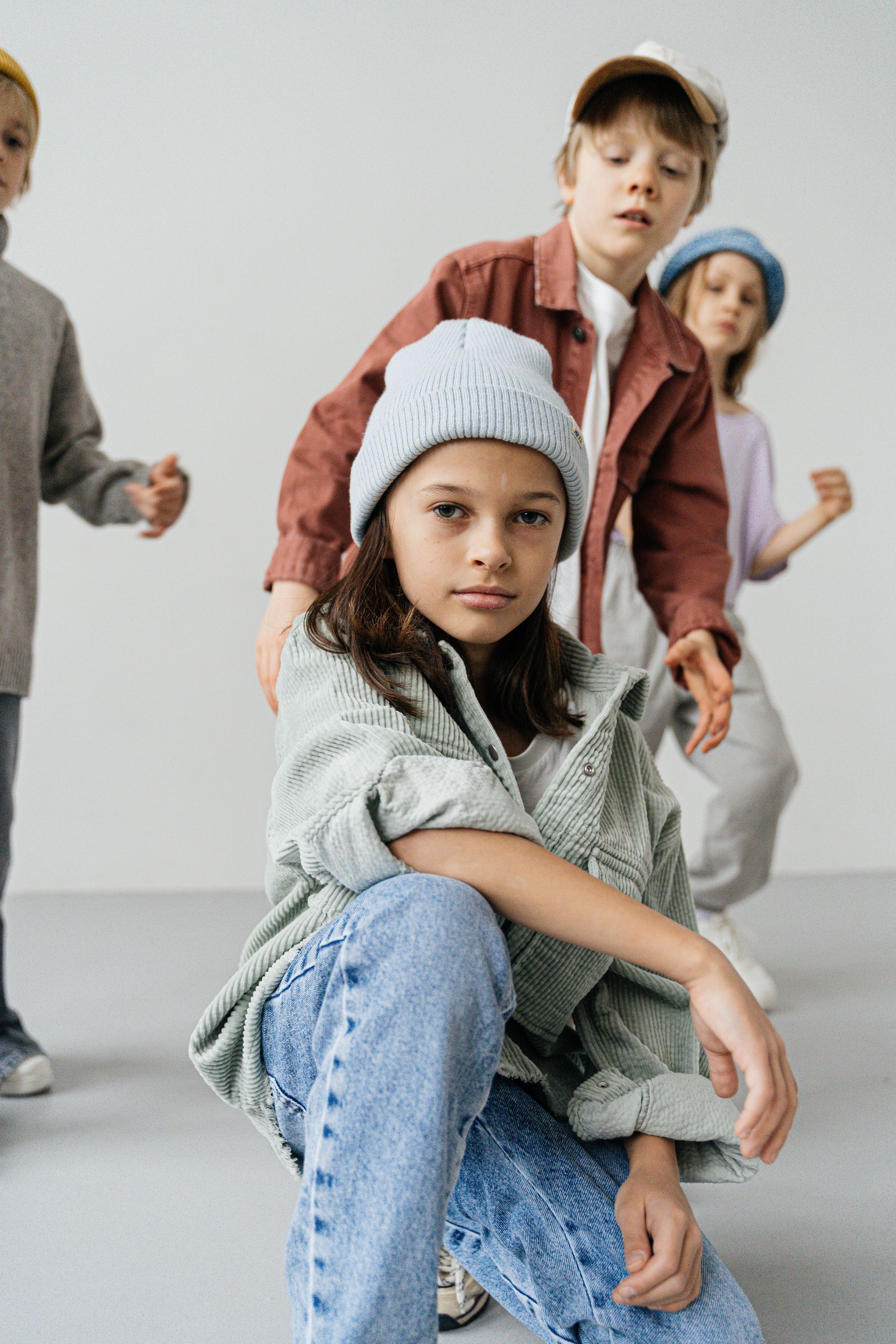 Group of kid models in a studio editorial shoot
